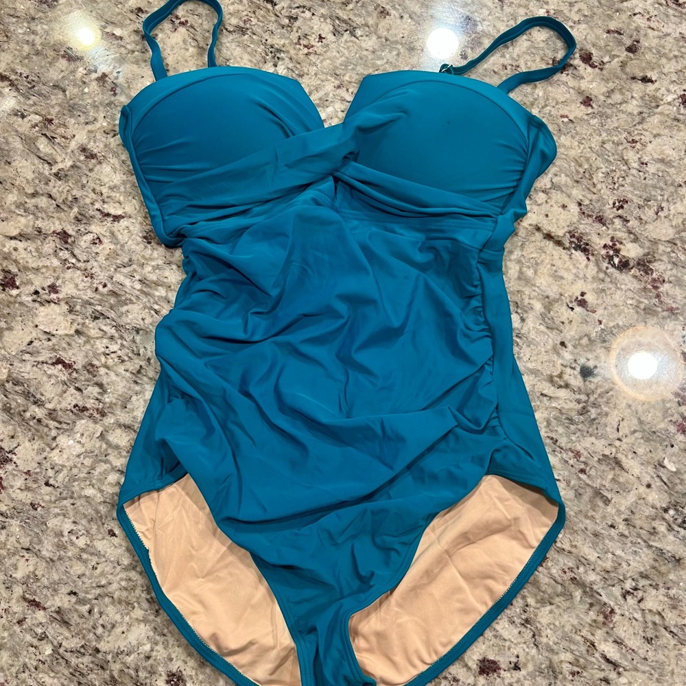 Teal One Piece Swimsuit Ruched Tummy Control Padded *callout*
